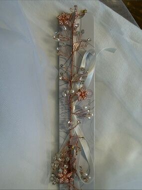 Bridal Rose Gold Floral Wire Headband with Pearls by Pink Pewter